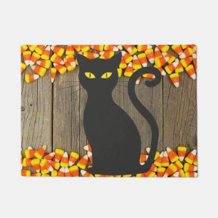 Candy Corn Halloween Doormat with Black Cat