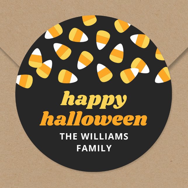 Candy Corn Happy Halloween Party Favor Classic Round Sticker (Creator Uploaded)