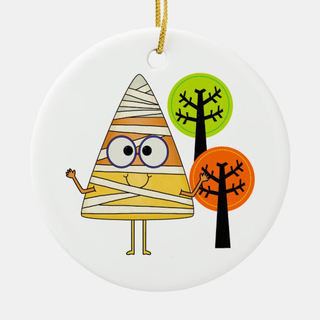 Candy Corn Mummy Halloween Ceramic Ornament (Front)