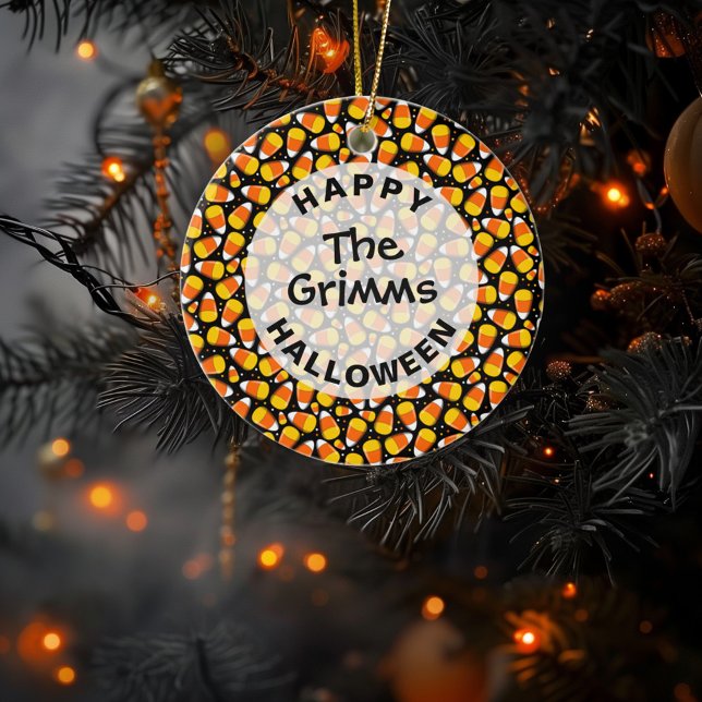 Candy Corn Pattern Halloween Custom Ceramic Ornament (Creator Uploaded)