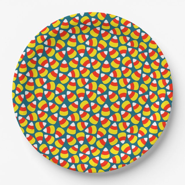 Candy Corn Pattern Teal Halloween Paper Plates (Front)