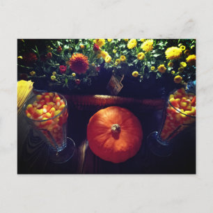 Candy corn pumpkin mums table scape postcard