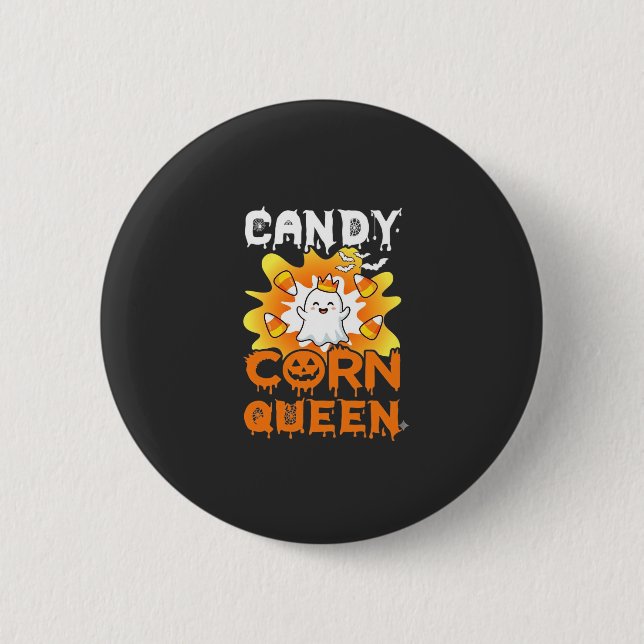 Candy Corn Queen Halloween Ghost Bats Spider Web Button (Front)