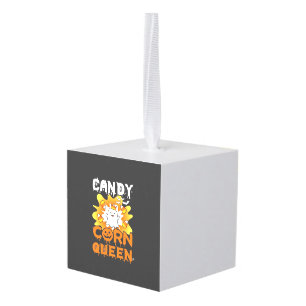 Candy Corn Queen Halloween Ghost Bats Spider Web Cube Ornament