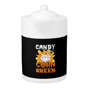 Candy Corn Queen Halloween Ghost Bats Spider Web Teapot