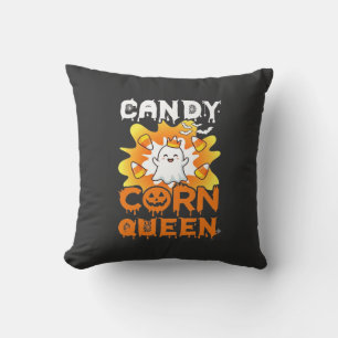 Candy Corn Queen Halloween Ghost Bats Spider Web Throw Pillow