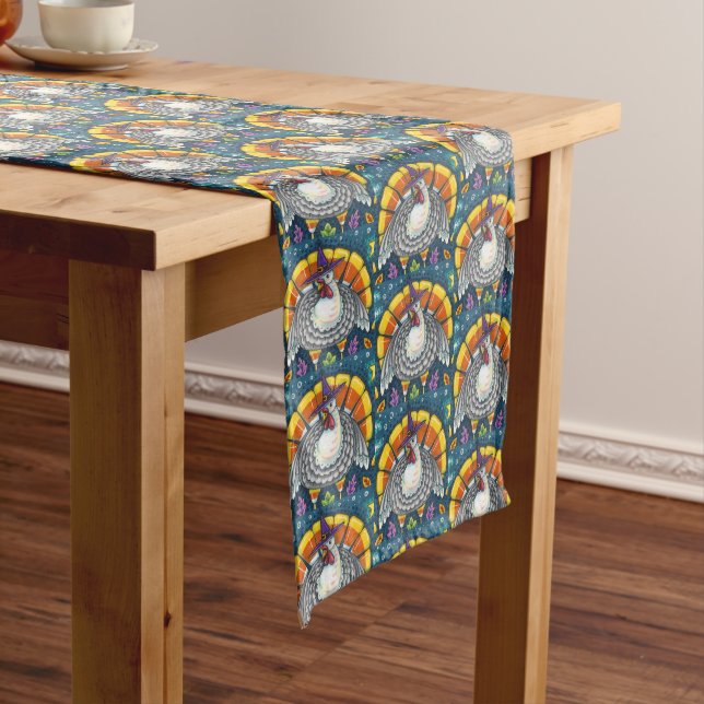 CANDY CORN TURKEY, THANKSGIVING FOLK ART BIRD LONG TABLE RUNNER (In Situ)