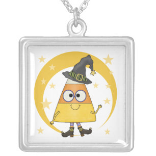 Candy Corn Witch Halloween Silver Plated Necklace