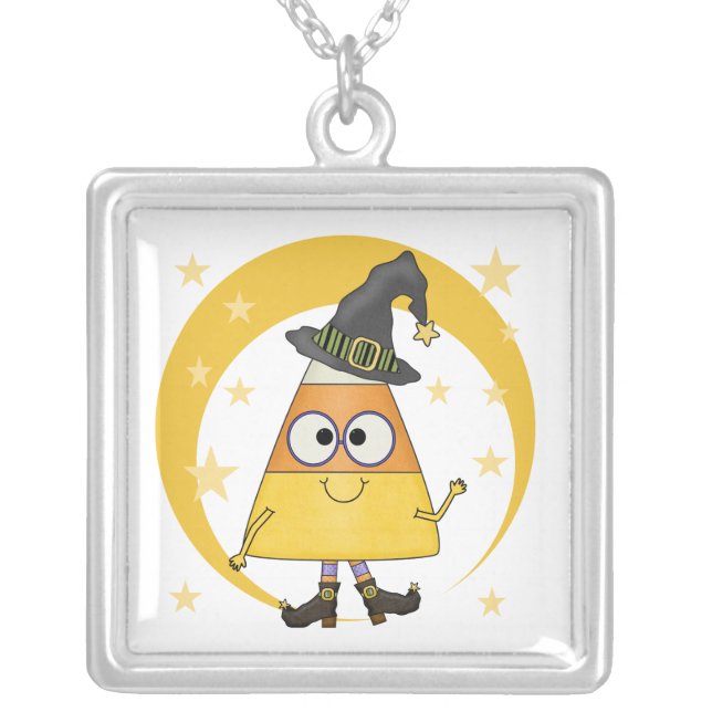 Candy Corn Witch Halloween Silver Plated Necklace (Front)
