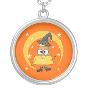 Candy Corn Witch Halloween Silver Plated Necklace