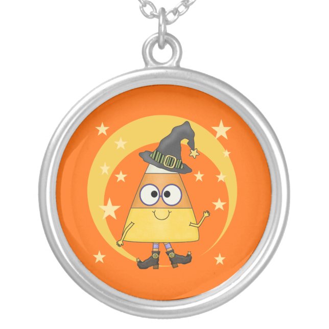 Candy Corn Witch Halloween Silver Plated Necklace (Front)
