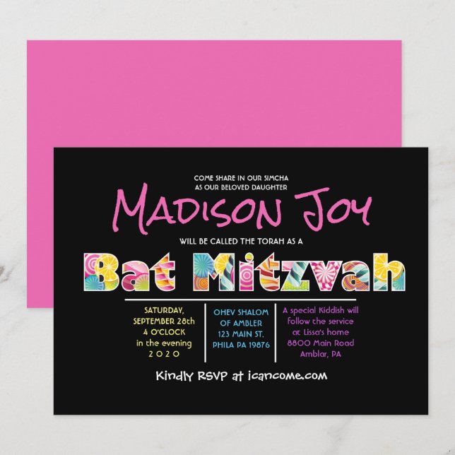 CANDY COUTURE Pink Bat Mitzvah Invitation (Front/Back)