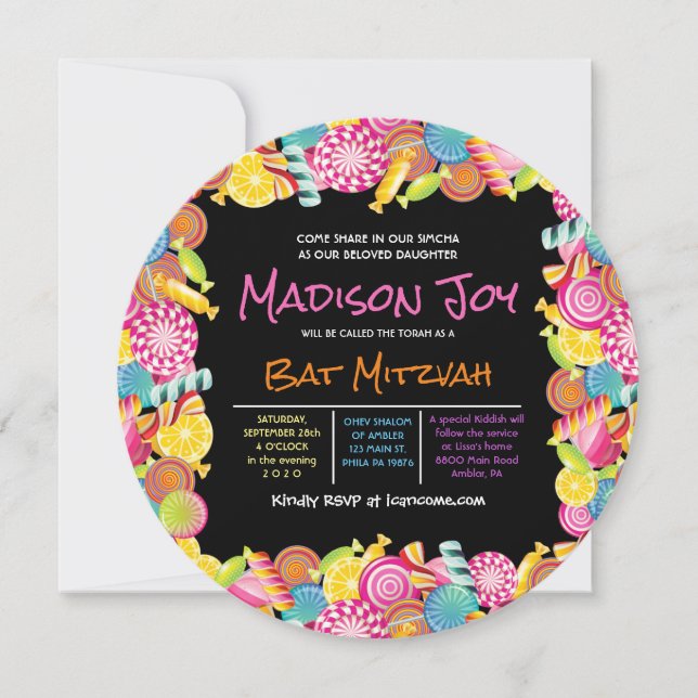 CANDY COUTURE Pink Bat Mitzvah Round Invitation (Front)