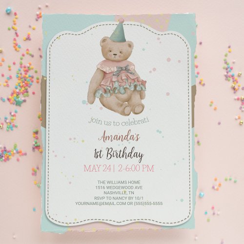 Candy Cute Bear 1st Birthday Invitation