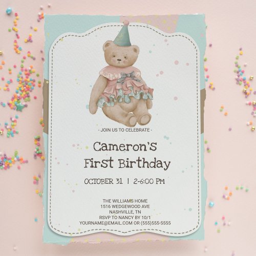 Candy Cute Bear First Birthday Invitation
