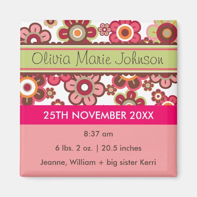 Candy Daisies Pattern Birth Announcement Magnet (Front)
