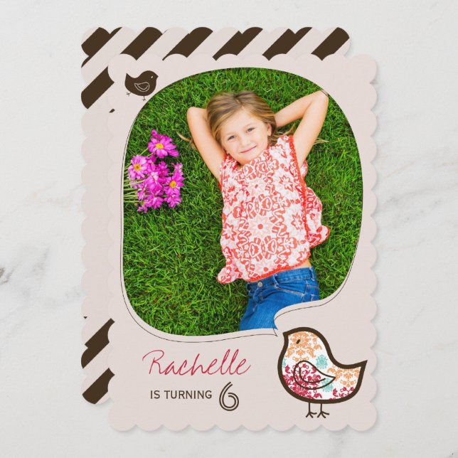 Candy Damask Bird Photo Girl Birthday Party Invite (Front/Back)