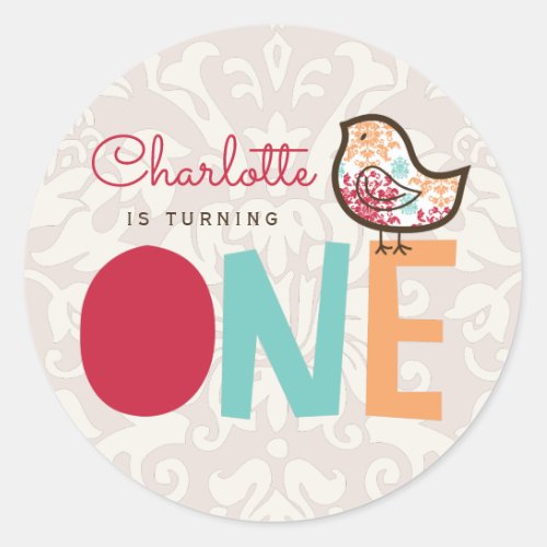 Candy Damask Chick Girl 1st Birthday Party Favor Classic Round Sticker