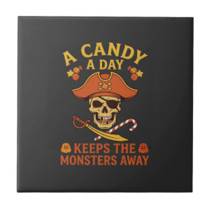 Candy Day Halloween Pirate Skull Cane Ceramic Tile