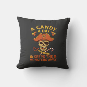 Candy Day Halloween Pirate Skull Cane Throw Pillow
