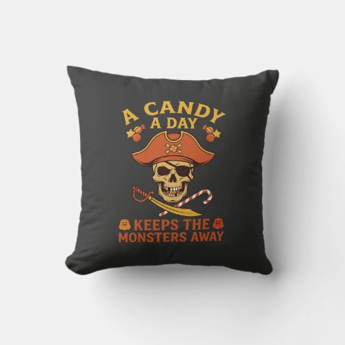 Candy Day Halloween Pirate Skull Cane Throw Pillow