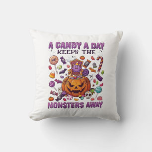 Candy Day Keeps Monsters Away Halloween Pumpkin_1 Throw Pillow
