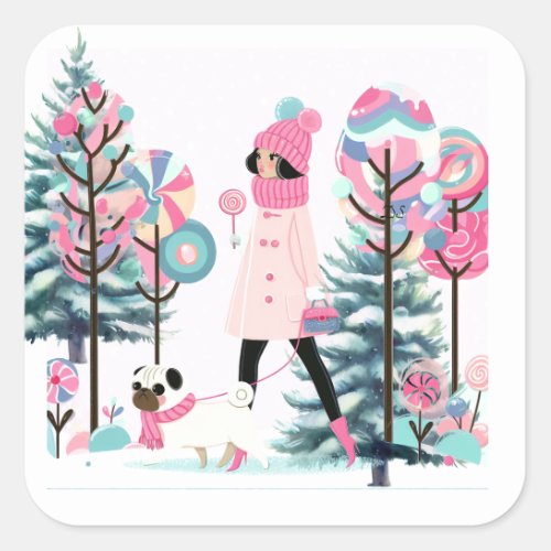 Candy Delights Girl Walking Dog  Square Sticker
