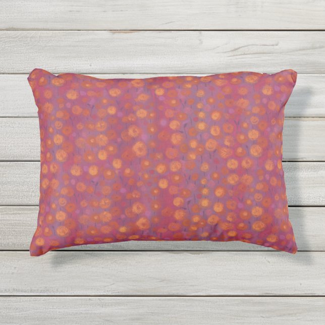 Candy Field, abstract floral pattern, pink orange Outdoor Pillow (Front)