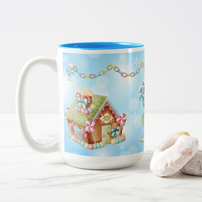 Candy Gingerbread and Candy Cane Design  Two-Tone Coffee Mug (With Donut)