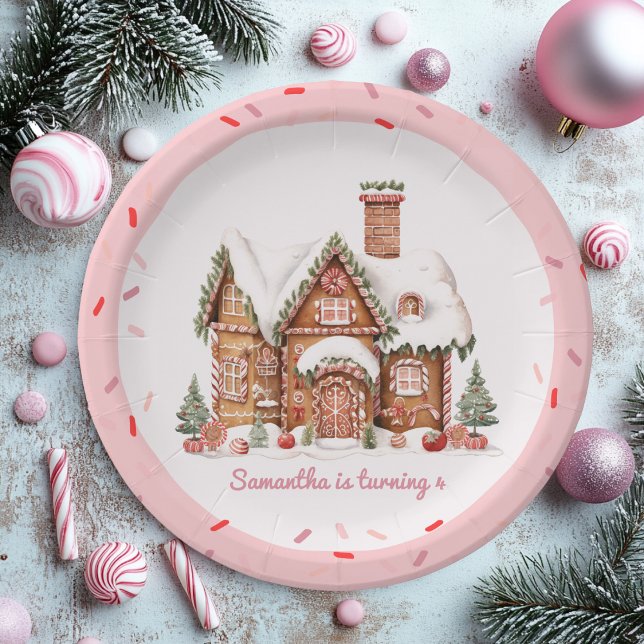 "Candy Gingerbread House Pink Birthday  Paper Plates (Creator Uploaded)