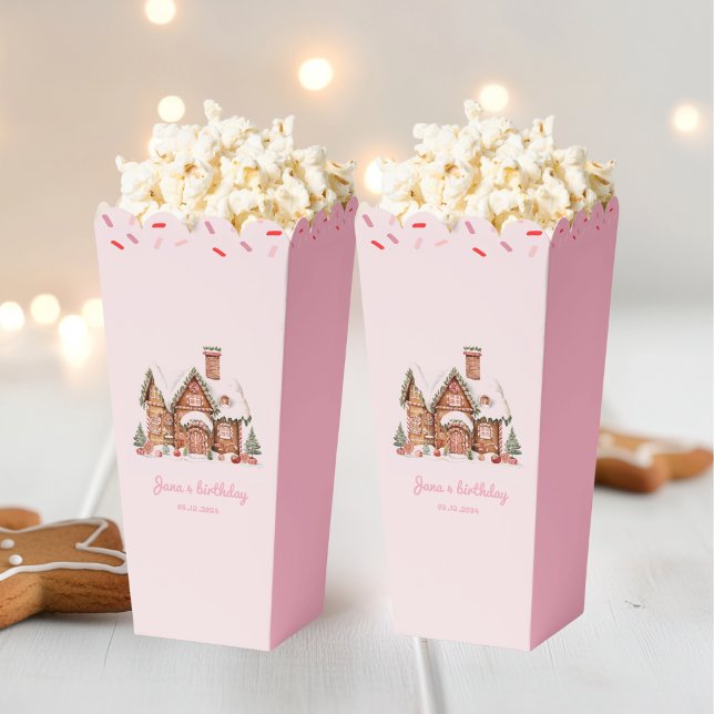 Candy Gingerbread House Pink Birthday Popcorn Favor Boxes (Creator Uploaded)