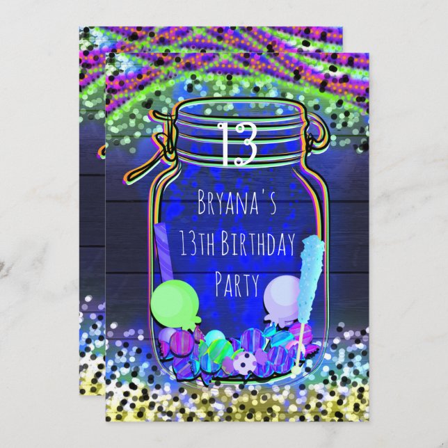 Candy Glow in the Dark Mason Jar Party Invitations (Front/Back)