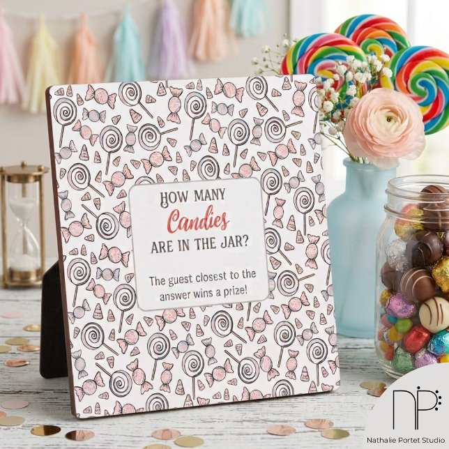 Candy Guessing Game Plaque (This Candy Guessing Game Plaque features hand-drawn candies on white, perfect for party activity fun)