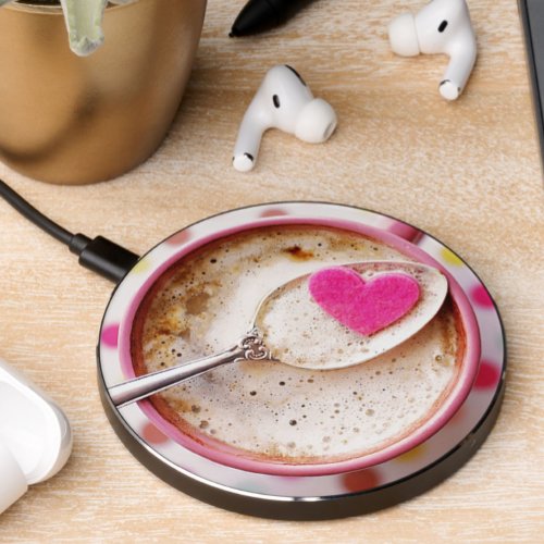 Candy heart coffee cocoa pink white polka dot cute wireless charger 