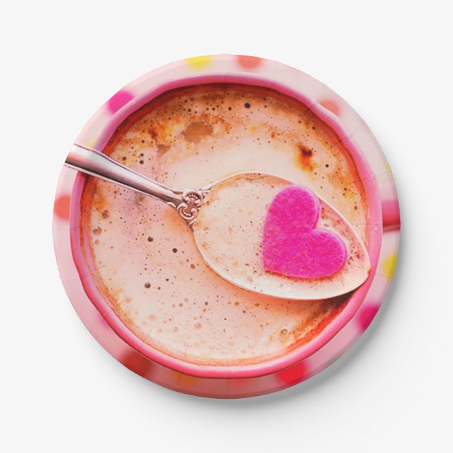 Candy heart coffee pink cup and saucer  paper plates (Front)