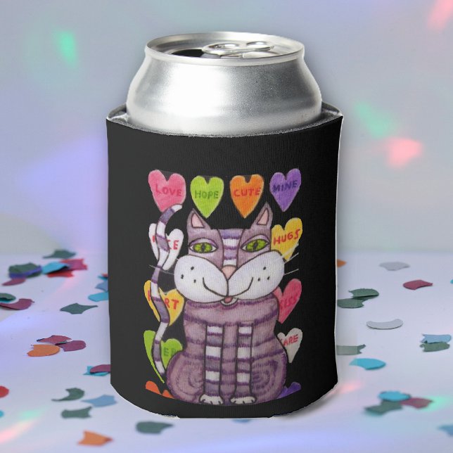 Candy Heart Purple Cat Valentine Can Cooler (Valentine purple striped cat green eyes wall of candy hearts with sayings on black drink can cooler.)