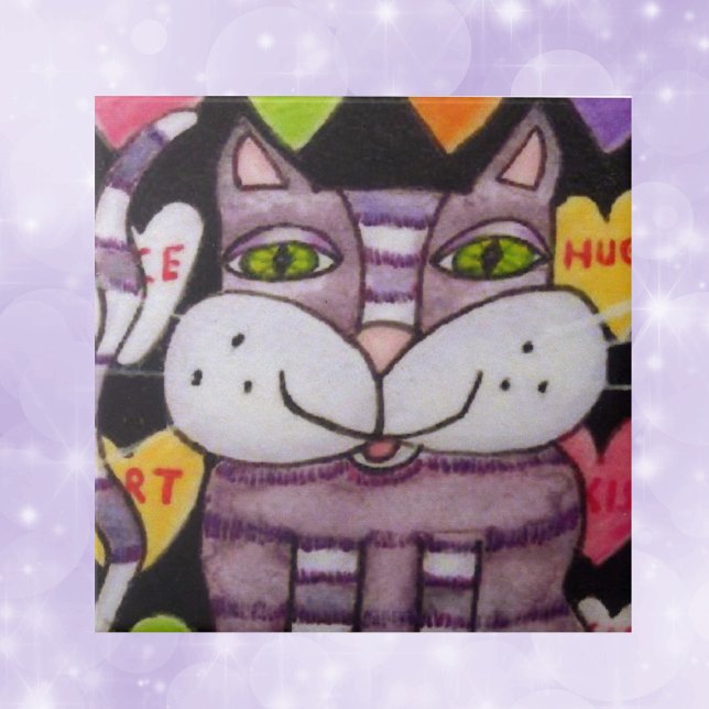 Candy Heart Purple Cat Valentine Tile (Purple cat green eyes colouful candy hearts on black decorative ceramic tile.)