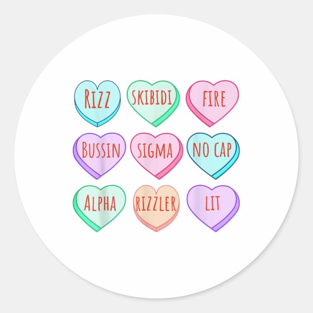 Candy Heart Slang Words Valentines Day For School, Classic Round Sticker (Front)