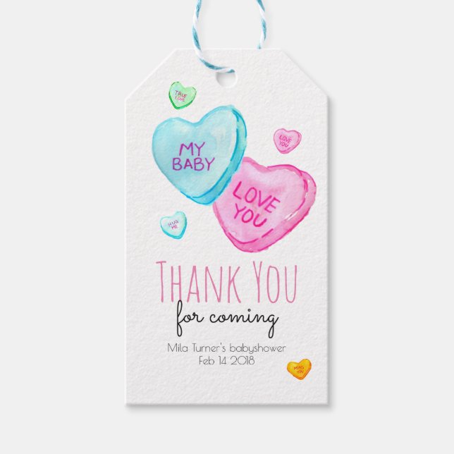 Candy Heart Valentines Baby Shower Thank you tag (Front)