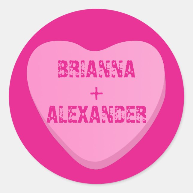 Candy Heart with Custom Text-Pink Heart on Pink Classic Round Sticker (Front)