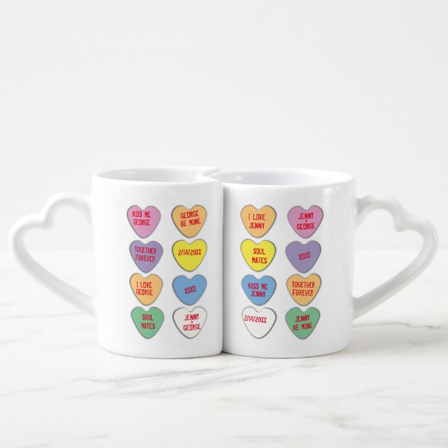 Candy Hearts Custom Messages Valentine Coffee Mug Set (Back Nesting)