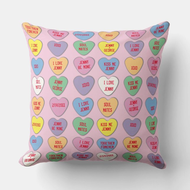 Candy Hearts Custom Messages Valentine Throw Pillow (Front)