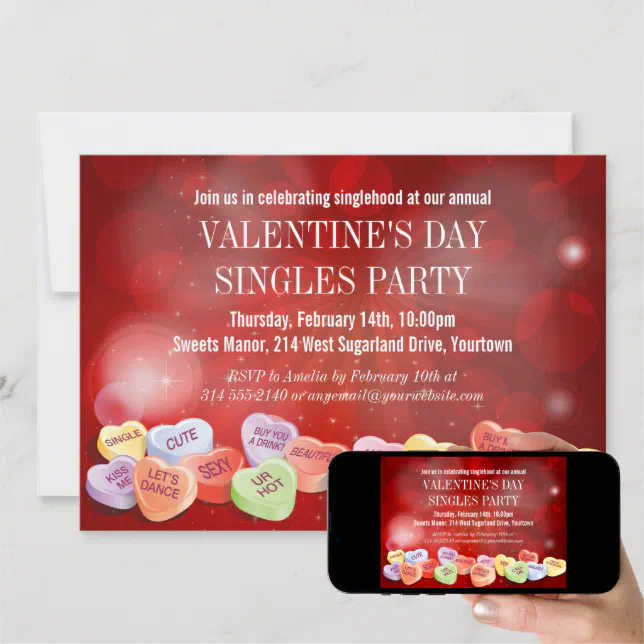 Candy Hearts Valentines Day Singles Party Invitation | Zazzle