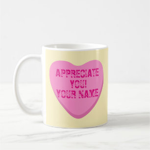 Candy Hearts with Custom Text-Pink Heart on Yellow Coffee Mug