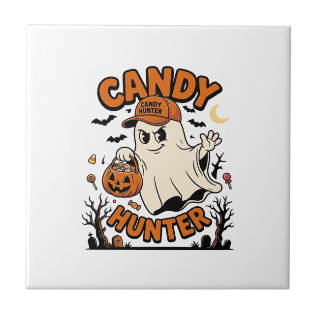 Candy Hunter Halloween Ghost Pumpkin Bucket_1 Ceramic Tile (Front)