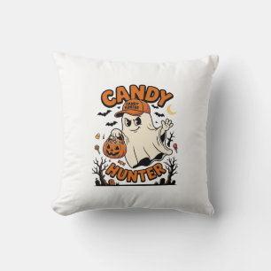 Candy Hunter Halloween Ghost Pumpkin Bucket_1 Throw Pillow