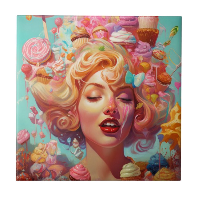 Candy Ice Cream Girl Surreal Fantasy Art Ceramic Tile (Front)