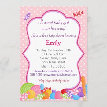 Candy Invitation Baby Girl Shower Pink by pinkthecatdesign at Zazzle
