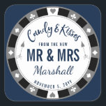 Candy & Kisses from the New Mr and Mrs Navy Poker Square Sticker<br><div class="desc">Something sweet for your guests with round badge like a poker chip,  Las Vegas style branding. Completely editable colors now to customize for your event.</div>