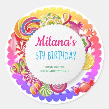 Candy Land Birthday Party Pastel Classic Round Sticker by ThreeFoursDesign at Zazzle